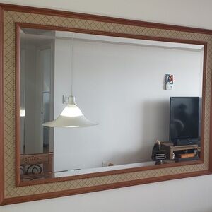 Wood Frame Wall Mirror with Decorative Inlay in Brown and Cream